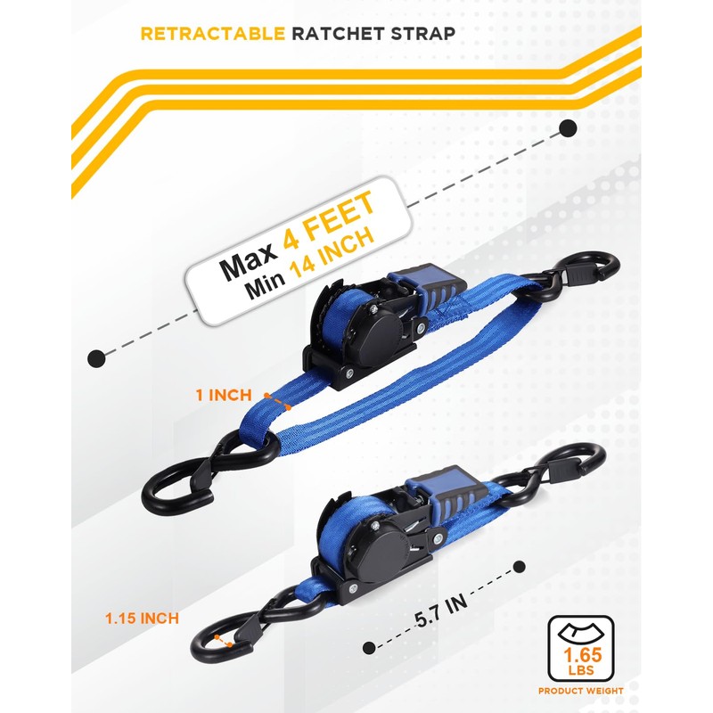 Strapinno Retractable Ratchet Straps - 1 in x 4 ft