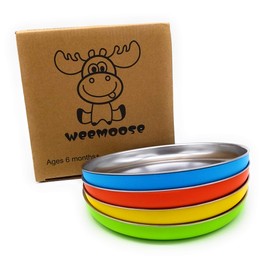 WeeMoose Platos de acero inoxidable 304 de alta calidad con carcasa de silicona extraíble | Juego de 4 platos | Contenedor de comida para bebés pequeños
