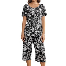 Husmeu Pyjamas for Women en Cotton Ladies Pyjamas Set Floral Printing Short Sleeve Two Piece Sleepwear Loungewear with Pockets Black S