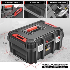 Auto Dynasty Universal Lockable Organizer Storage Tool Box with Removable Tray For Garage Workshop and Household, High Capacity, Black/Red