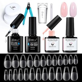 Gelike ec Nail Tips and Glue Gel Kit - 6 in 1 Nail Glue and Top Coat 240 Pieces Soft Gel Full Cover Nail Tips 2 Pieces Nail Polish Nail Stamp Nail Clippers and Nail Lamp Medium Almond & Ballerina