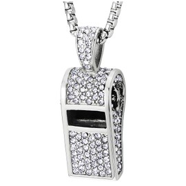 Mens Ice-out Whistle Pendant Necklace with Cubic Zirconia, Stainless Steel, 24 inches Wheat Chain(CA)