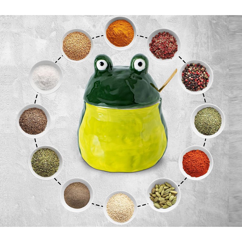 dgudgu Frog Salt Cellar With Lid And Bamboo Spoon Ceramic