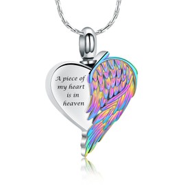 constantlife Heart Shape Urn Necklace for Ashes Stainless Steel Angel Wings Memorial Pendant Cremation Jewelry Keepsake for Women (A Piece of My Heart is in Heaven-Colorful)