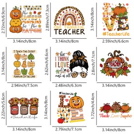 9 Pcs,Fall Vibes Hot Stamping Decals for T-Shirts, Pumpkin Iron-On Heat Transfer Patches, Autumn Designs, Washable, Heat Pressed, Decorative for Clothing, Face Masks, Hats (FA-12)