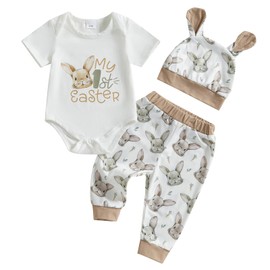 MAHUAOYIXI Toddler Baby Easter Outfits Newborn Baby Boys Clothes Bunny Print Long Sleeves Romper and Truck Carrot Print Pants and Hat Infant Boys 3Pcs Clothing Set (Khaki, 0-3 Months)
