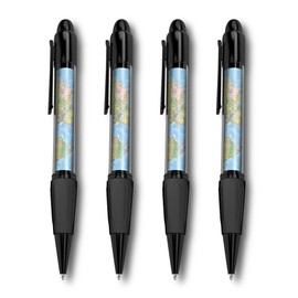 Set of 4 Black Ballpoint Pens (Photo Insert) - World Map Globe Earth - Soft Feel Finger Grip #170942