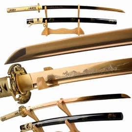 Handmade Gold Blade Japanese Samurai Sword Hand Etching engrave Gold Dragon Katana Full Tang Sharp Can Cut Bamboo Trees (Gold Dragon Katana)