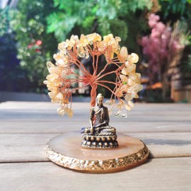 CRUCISRESIN Buddha Statue with Healing Crystal Tree, Tree of Life for Positive Energy. Home Decor Yoga Meditation.Citrine. (D)