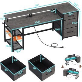 Reversible Computer Desk with File Drawers, Storage &LED Light, Home Office Desk