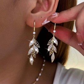 TseenYi Boho Leaves Crystal Earrings Golden Leaves Drop Earrings Vintage Leaves Long Dangle Earrings Long Leaves CZ Dangle Earrings Long Drop Hook Earrings for Women and Girls