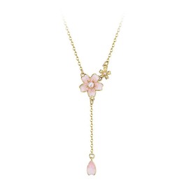 Cuafufu Dainty Flower Pendant Necklace | S925 Sterling Silver Pink Plum Blossom Flower Pendant Necklace | Unique Design Gold Plated Tiny Pink Flower Pendant Necklace Fashion Jewelry Gift for Women