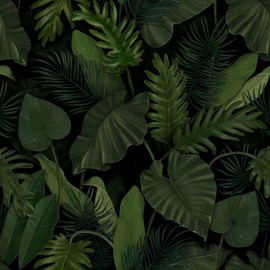 MAGAFA Tropical Plants Green Peel and Stick Wallpaper Self Adhesive Removable Wall Paper Dark Green/Black Waterproof Decorative Vinyl Contact Paper for Bedroom Living Room 17.71"X236.2"