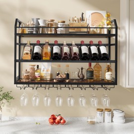 Hoctieon Wall Mounted Wine Rack, 31.5" Wall Wine Rack for Display and Storage, Hanging Bottle Holder, for Living Room, Dining Room, Bar, Wine Cellar, Rustic Brown
