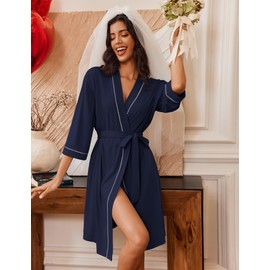 Ekouaer Robes for Women Knee Length Bathrobe Lightweight Kimono Robe 3/4 Sleeve Loungewear Soft Sleepwear with Pockets XXL