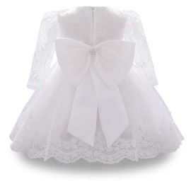WOCINL Baby Girls Christening Long Sleeve Lace Bowknot Dresses Princess Wedding Birthday Pageant Party Baptism Tutu Gown White 12-18M
