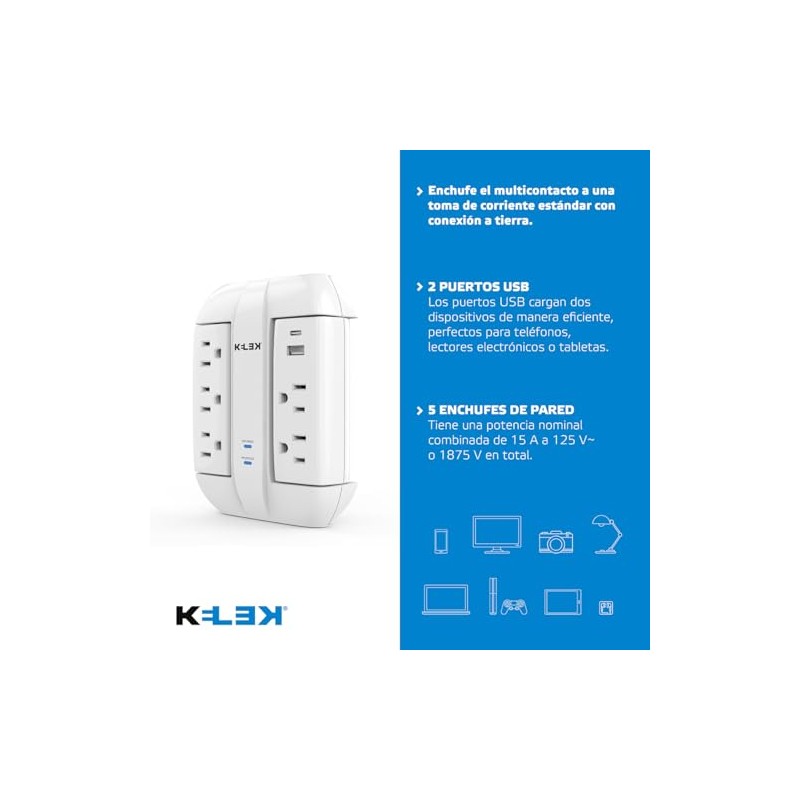 KELEK Multicontacto con 5 Salidas, Puertos USB-A y USB-C, Protección
