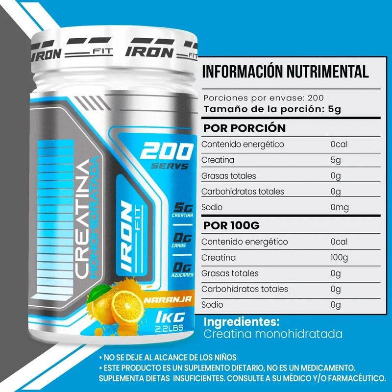 Creatina Monohidratada Iron Fit 1kg Sabores 200 Servicios