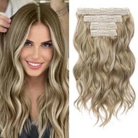 REECHO Hair Extensions, 4PCS Clip in Hair Extensions 14" Short Beach Wavy Hair Extensions Invisible Lace Weft Natural Soft Hairpieces for Women – Ash Brown with Highlights