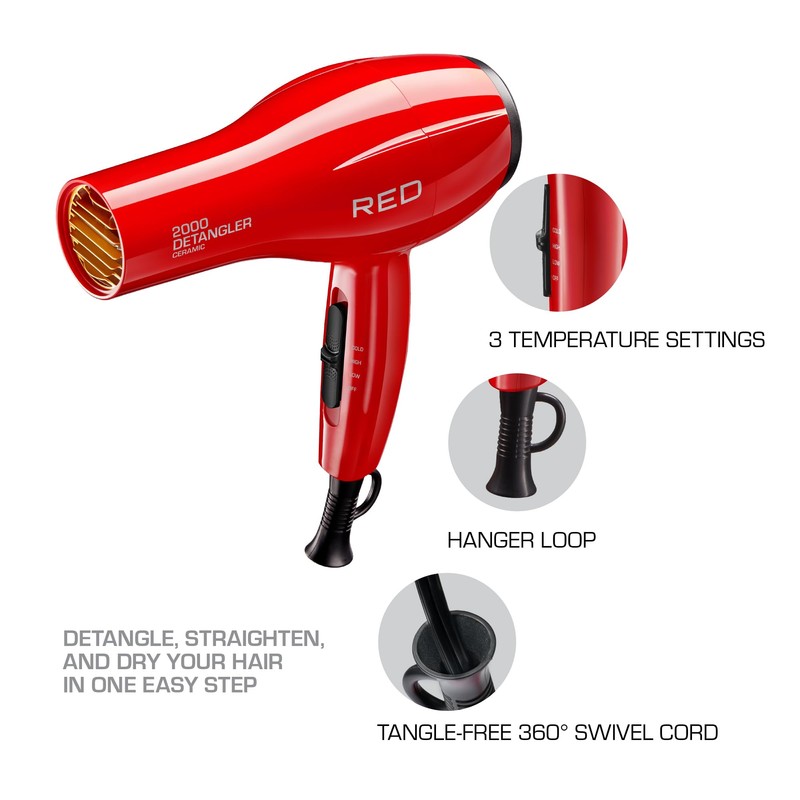 Kiss Products Red Detangler Dryer Plus 3 Attachments, 1.75 Pound