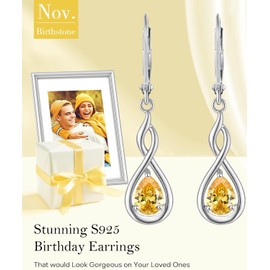 WASEE November Birthstone Earrings 925 Sterling Silver Yellow Topaz/Citrine Dangle Drop Leverback Earrings for Women Birthday Anniversary Christmas Earrings Jewelry for Women