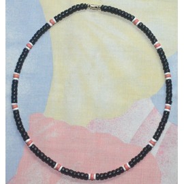 Native Treasure 18" Mens and Women Summer Beach Surfer Necklace From the Philippines, Black Coconut Beads and White Ark Shells, Mens Summer Necklace