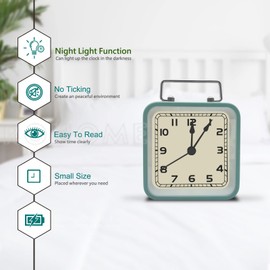 Retro Small Alarm Clock, Silent Quartz Movement with Night Light, Decorative Non Ticking Hanging for Kids Living Room, Office, Desk, Bedroom, Bedside, Hotel, Shelf, Nightstand (Light Blue)