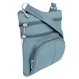 Roma Leathers' Cross Body Purse - Premium Light Blue Colored Cowhide Leather - Multi Zippered Pockets - Front Organizer Pocket With Credit Card Slots - Adjustable Shoulder Strap - Designed in U.S.A.