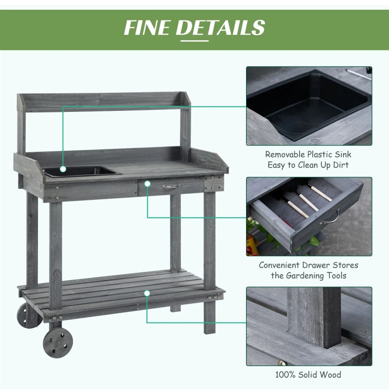 Gray Wooden Potting Bench With Wheels Sink Drawer Storage Outdoor