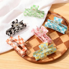 Zeyune Checkered Hair Claw Clips for Women Cute Accessories 3 Inch Multicolored Rectangle Hair Barrettes Non Slip Strong Hold Accessories for Women Girl Y2k Barrettes Valentine's Day Gift Valentines