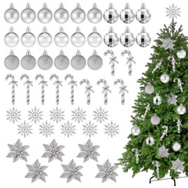 Harrycle 50 Pcs Christmas Tree Decorations Christmas Baubles Small Ball Ornaments Artificial Glitter Snowflake Decorative Poinsettia Flowers Candy Cane for Xmas Tree Topper Outdoor Home (Silver)