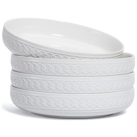Annovero Pasta Bowls Set of 4 | Kitchen Dishes | Eating Serving Dinner, Salad, Soup, Ramen, Rice, Noodles | Large Porcelain Dinnerware Blates | Microwavable Oven Safe | 40 Oz Capacity | White