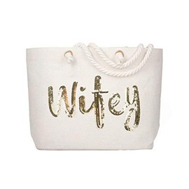 ELEGANTPARK Wifey Tote Bridal Shower Gift Wedding Bride Gifts Honeymoon Wedding Beach Bag Jute Bag with Gold Sequin Interior Pocket