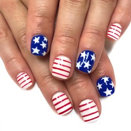 Tyuimhx 4th of July Press on Nails Short Square Fake Nail Independence Day False Nails With Star Designs Blue White Full Cover Stick on Nails Acrylic Patriotic Artificial Nail for Women 24 Pcs