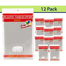 Silver Disposable Plastic Tablecloth for Round Tables (12 Pack) 84 inches Table Cloths for Parties, Events & Weddings, Indoors & Outdoors, Plastic Table Cover