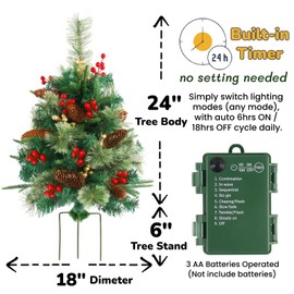 Stentec 24in Pathway Christmas Trees Outdoor Set of 2, Pre-Lit Artificial Xmas Urn Filler with Lights & Ornaments, Battery Operated for Holiday New Year Winter Walkway Patio Driveway Yard Lawn