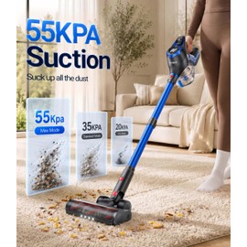 Cordless Vacuum Cleaner, 55Kpa Vacuum Cleaners for Home, Max 80mins Runtime Stick Vacuum with LED Display&1.5L Dust Cup, Rechargeable Lightweight Handheld Vacuum for Carpet/Hardwood Floor/Pet Hair/Car