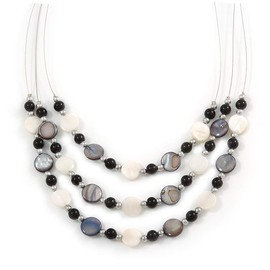 Avalaya 60cm Layered Necklace – Three-Strand Shell and Ceramic Beads in White, Grey & Black – Lightweight Design