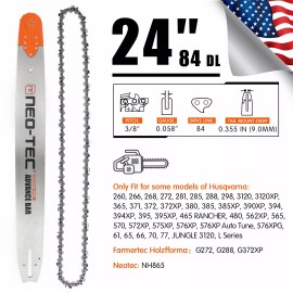 NEOTEC 24'' Chainsaw Bar Chain 3/8" 0.058" 84DL For Husqvarna 288 298 365 371 372 372XP