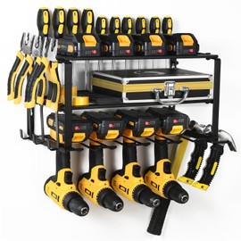 YHYLWJ Power Tool Organizer Wall Mount，150Lbs Load 3 Layers Storage Rack with 4 Drill Holders for Drills Cordless Tools， Heavy Duty Iron Garage & Workshop Tool Organizer Storage，Matte Black