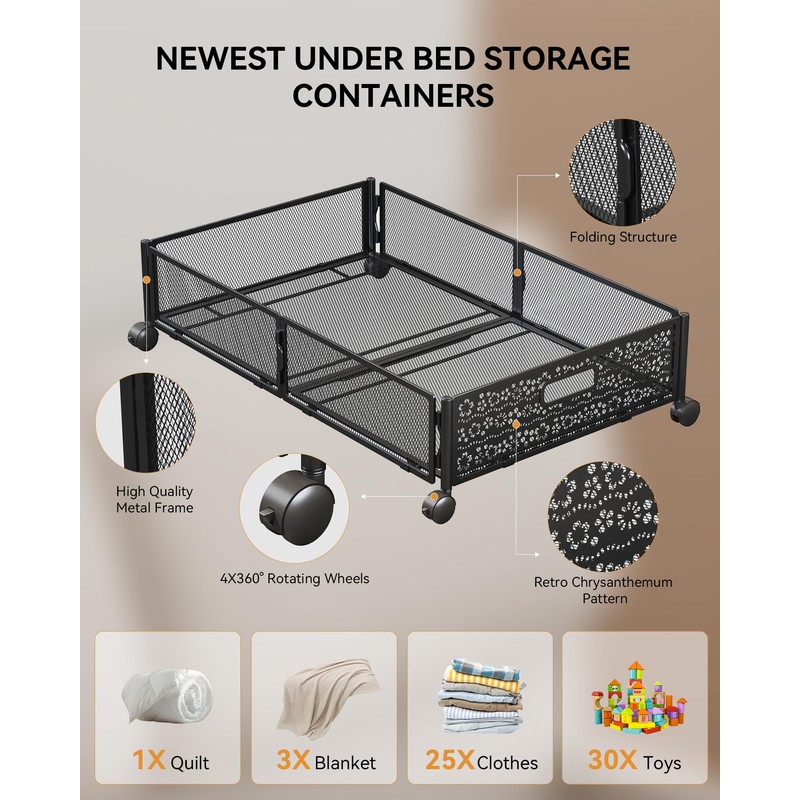 YEEBONIX Under Bed Storage with Wheels, Foldable Pattern Carved Metal