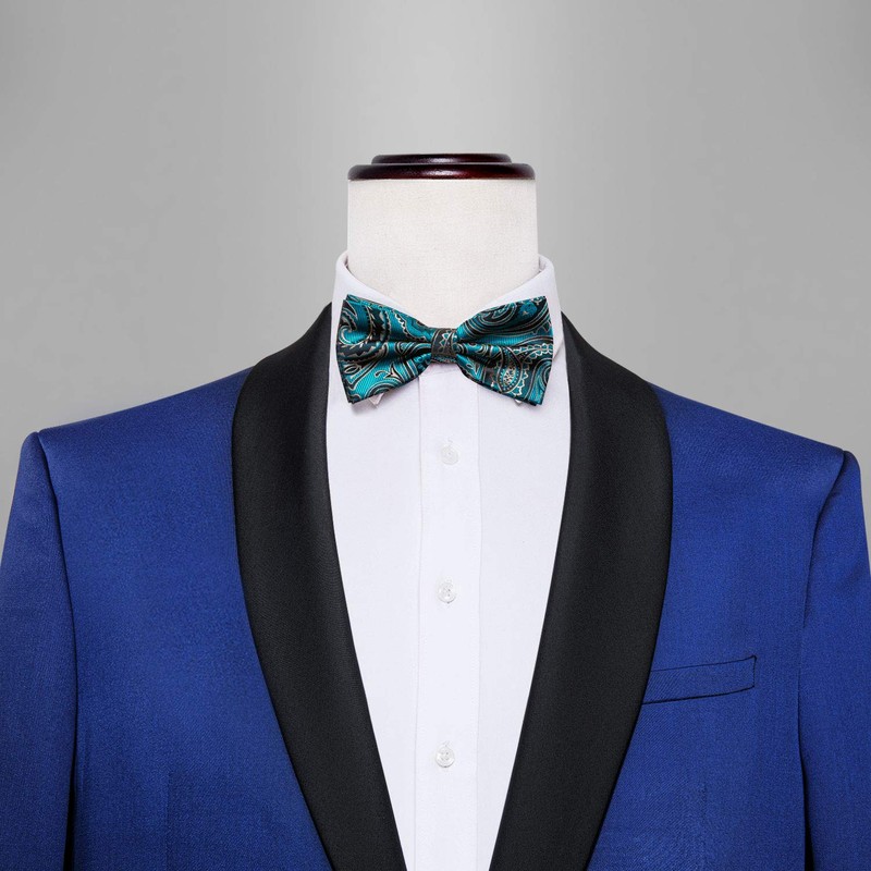 Barry.Wang Teal Black Bow Tie Set Men Paisley Silk Pre-Tied