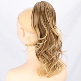 BOBIYA 13 Inches Claw Clip in Loose Curly Synthetic Wrap Around Ponytail Extensions Pony Tail Clip In Extensions (Medium Brown to Light Blonde)