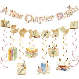 A New Chapter Begins Banner Floral Book Hanging Swirls Baby Shower Graduation Party Decor
