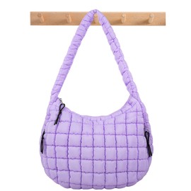 Quilted Puffer Tote Bag Large Crossbody Shoulder Bag with Zipper, Nylon Bubble Hobo Handbag Carryall Bag for Women, Purple, Large, Contemporary