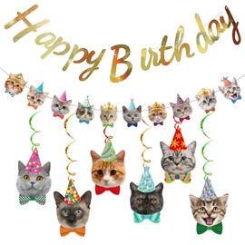 Hoxfly Cat Banner Paper Set, Birthday Party Decoration Set with Cat Motifs, Cat Head Bunting Banner, Cat Hanging Cut-Outs, Hanging Decoration, Reusable Decoration for Party