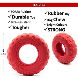 Petopedia 1x 6 Rubber Dog Chew Toys TIRE – Tough Toy TYRE, WHEEL – Interactive, Boredom, Floating, Puppy Teething – Bite Resistant for Dogs Chewing (Red, TPR Foam - 6")