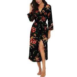 PrinStory Women's Bathrobe, Lightweight, 3/4 Sleeve, Dressing Gown, V-Neck, Kimono Robe, Long Sleepwear, Brown Black