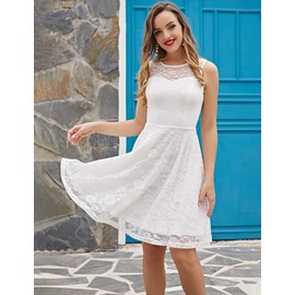 Dressystar 0009 Floral Lace Dress Short Bridesmaid Dresses with Sheer Neckline White XXL