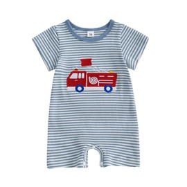 Motlapol Baby Boy Stripe Jumpsuit Golf Cart/Baseball/Football/Fire Truck/Excavator Embroidery Short Sleeve Waffle Knit Romper (Blue Fire Truck, 3-6 Months)